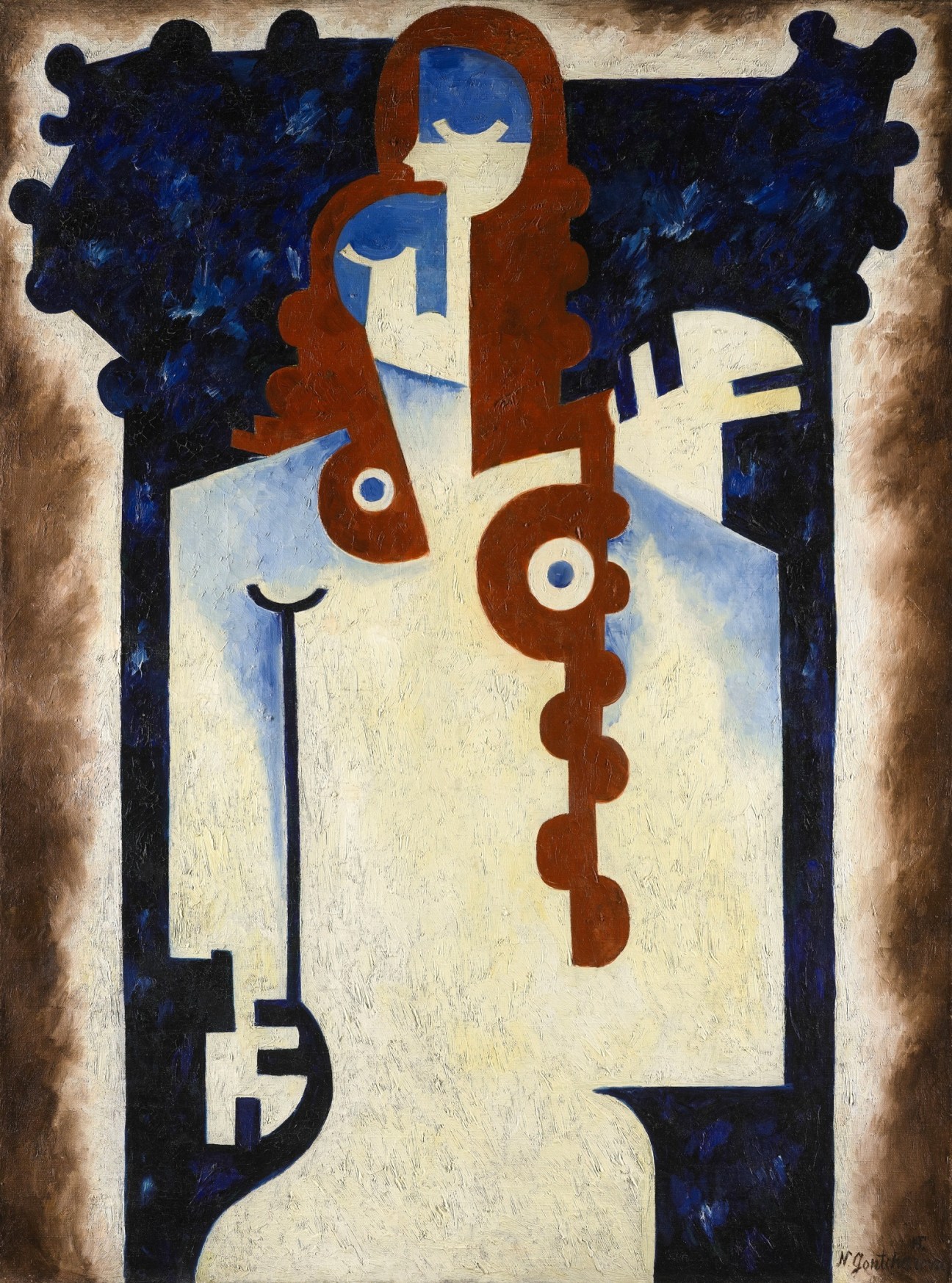 Natalia Goncharova's 'Femme Cubiste,' a cubist oil painting featuring abstracted female figures in blue, rust, and cream tones.