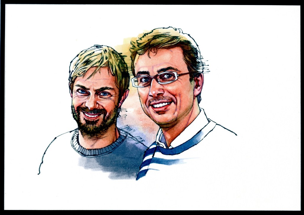 Illustrated portrait of two smiling men, Federico Grom and Guido Martinetti, founders of Grom ice cream.