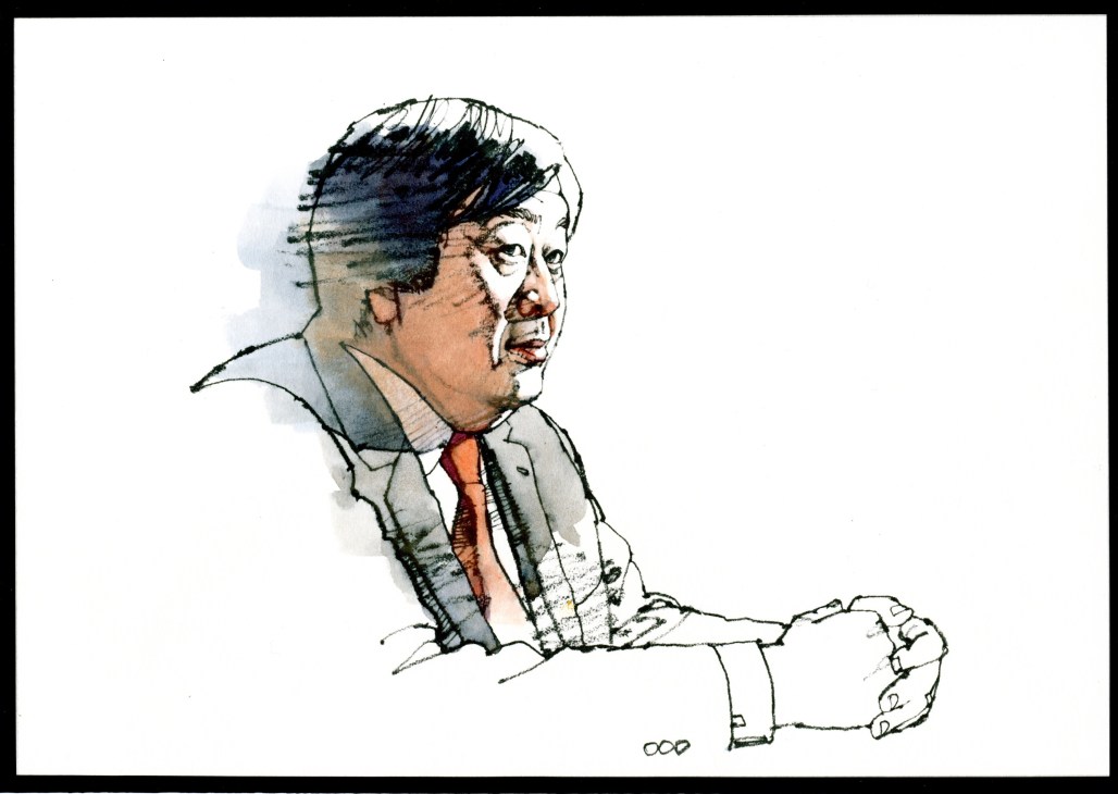Caricature illustration of Harold Hongju Koh in profile wearing a suit and red tie.