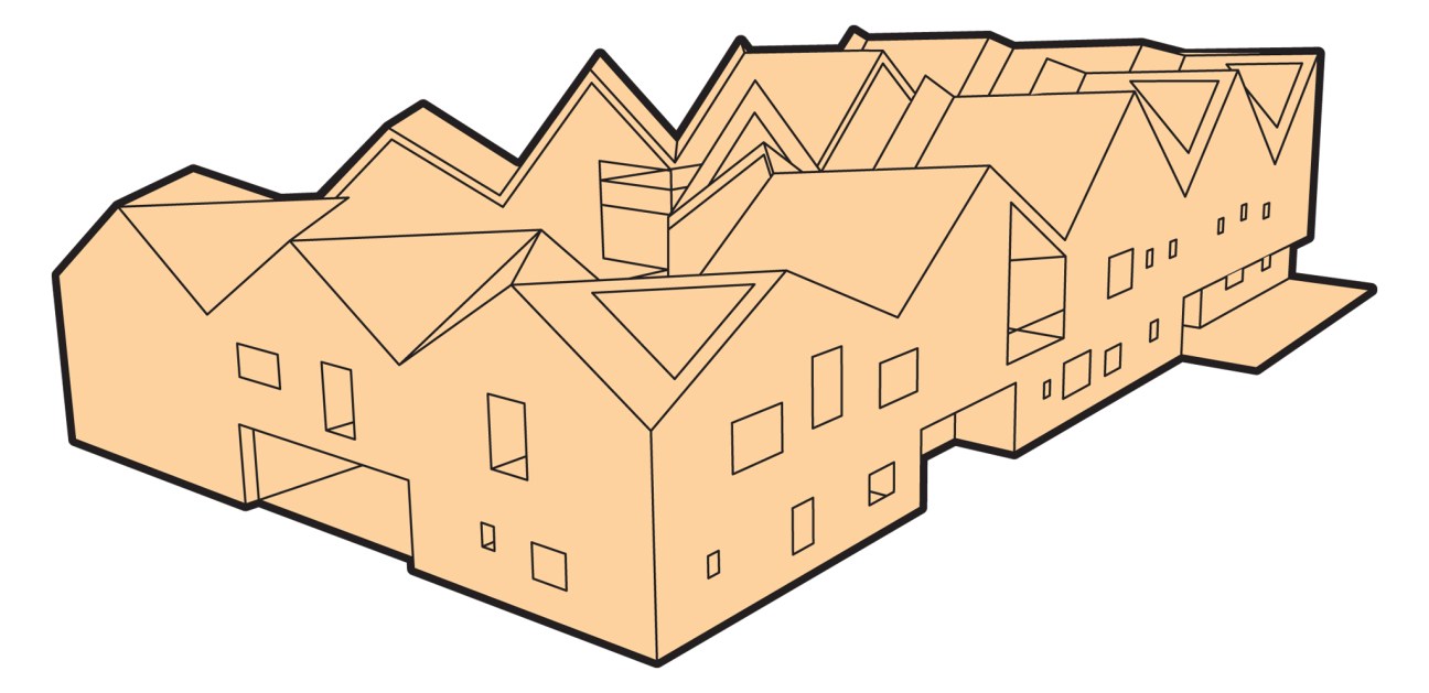 Illustration of a modern healthcare building with angular roofline and regular window placement.
