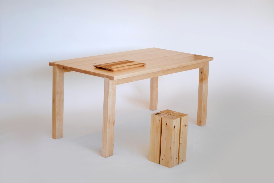 Light wood table and stool by Hh furniture designer Louis-Philippe Pratte.