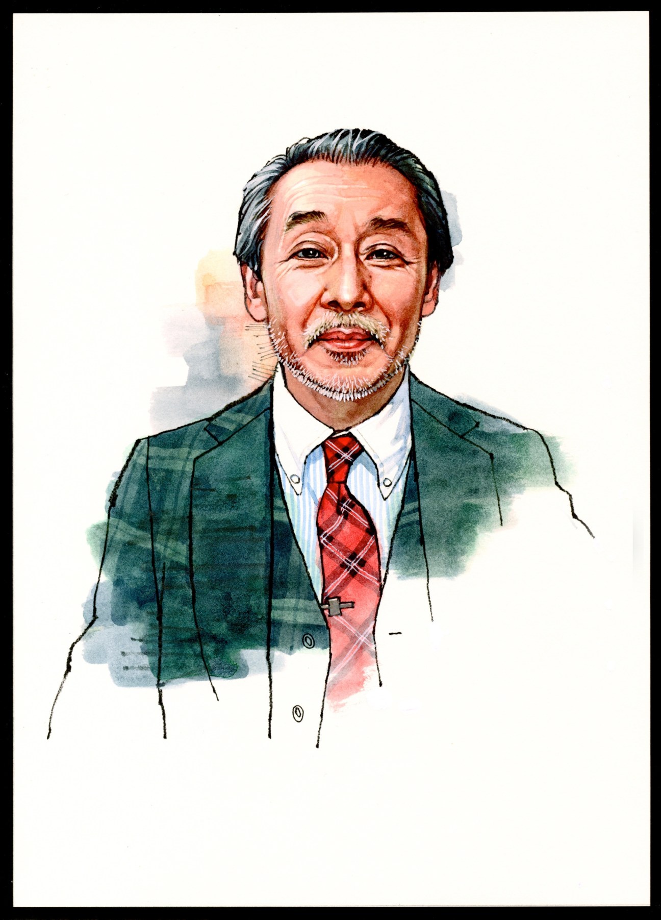 Watercolor portrait of Hiroshi Tsubouchi, a Japanese shoe designer wearing a green jacket and red tartan tie.