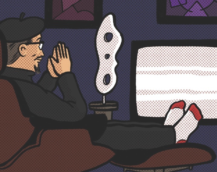 Illustration of a man in a cinema watching a film with his feet up.