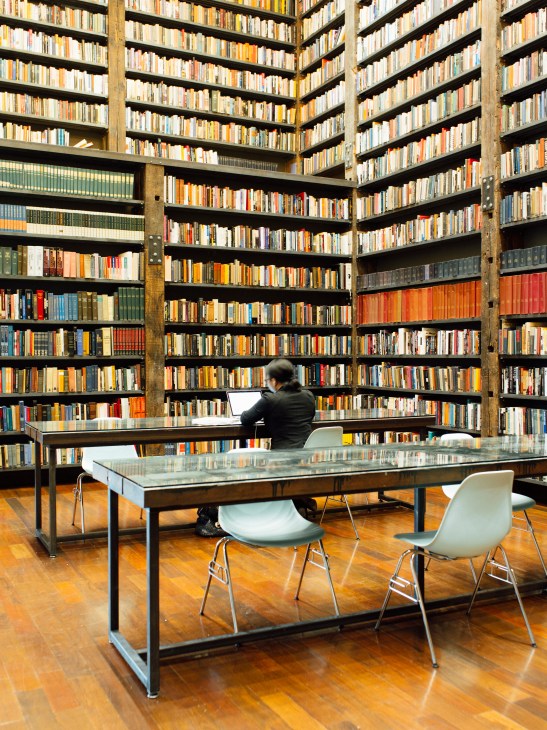 Library interior at Stony Island Arts Bank with floor-to-ceiling bookshelves and a person working at a desk.