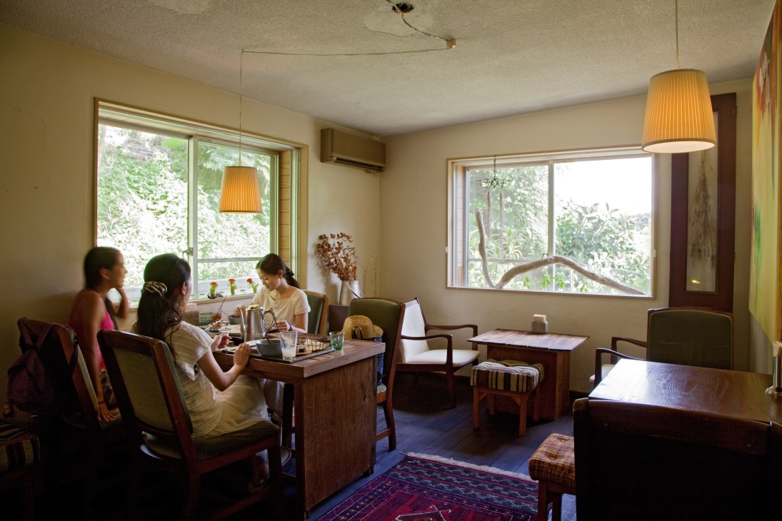 Three customers seated at tables in a bright café with large windows overlooking greenery, pendant lamps, and wooden furniture.
