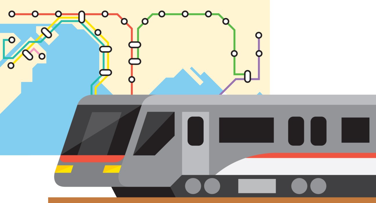 Illustration of a modern metro train with colorful transit map lines above it.