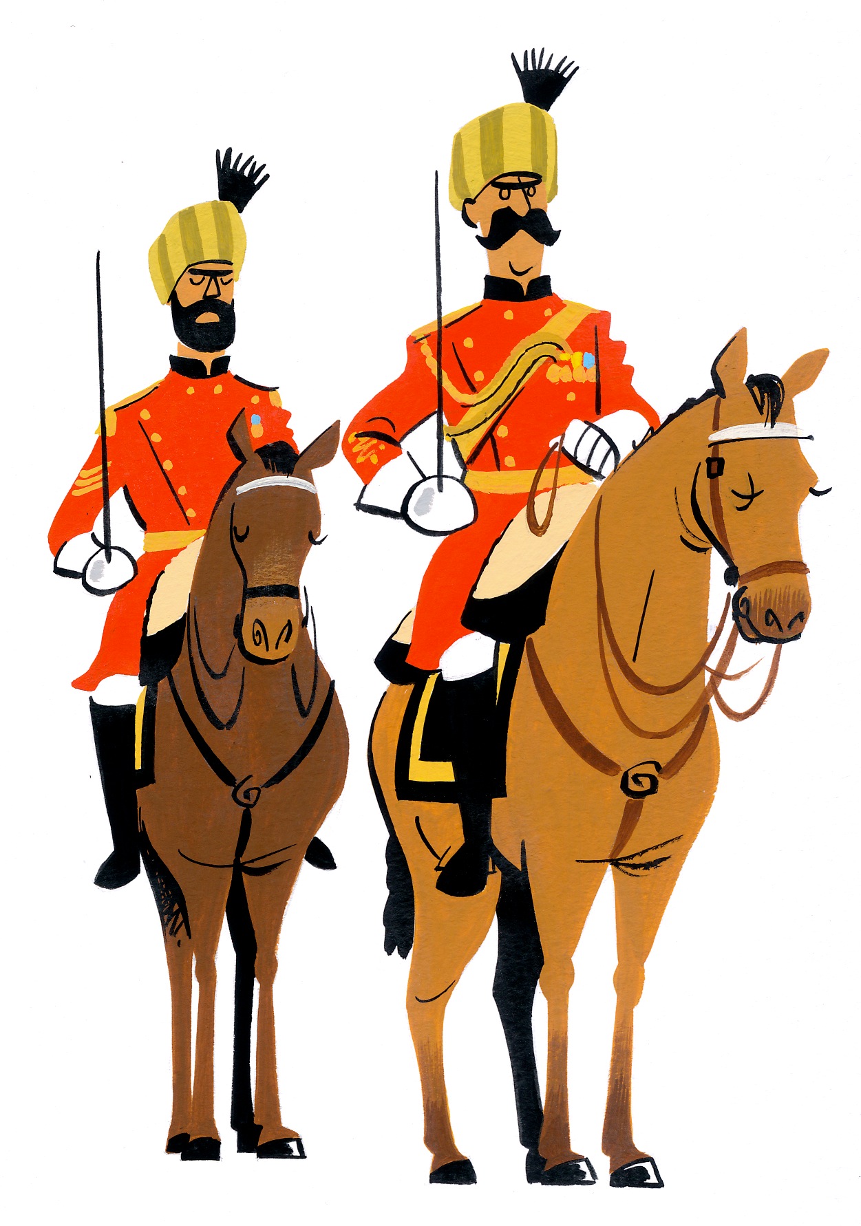 Illustration of two soldiers in red uniforms with yellow turbans riding brown horses and holding swords.