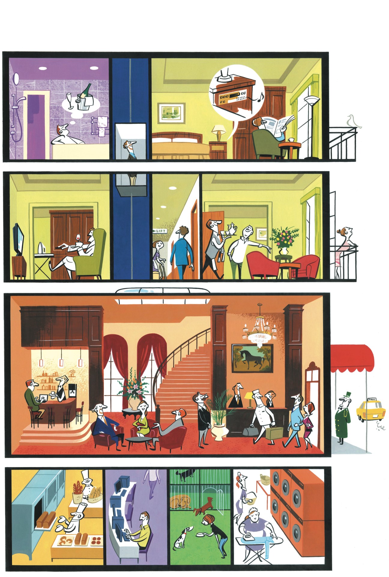 Illustrated cross-section of a multi-story hotel showing rooms, lobby, basement facilities and guest interactions.