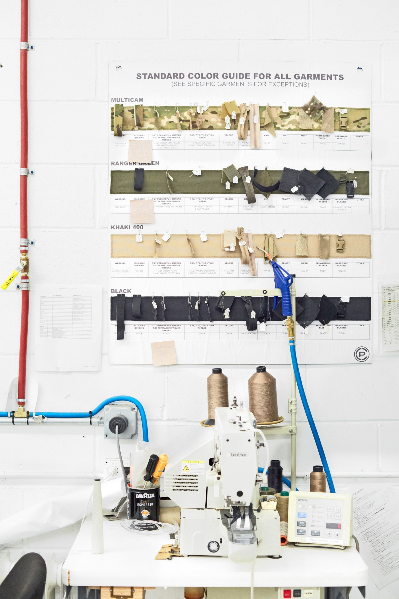 Crye Precision color guide showing material swatches for MultiCam, Ranger Green, Khaki 400, and Black patterns with sewing equipment below.