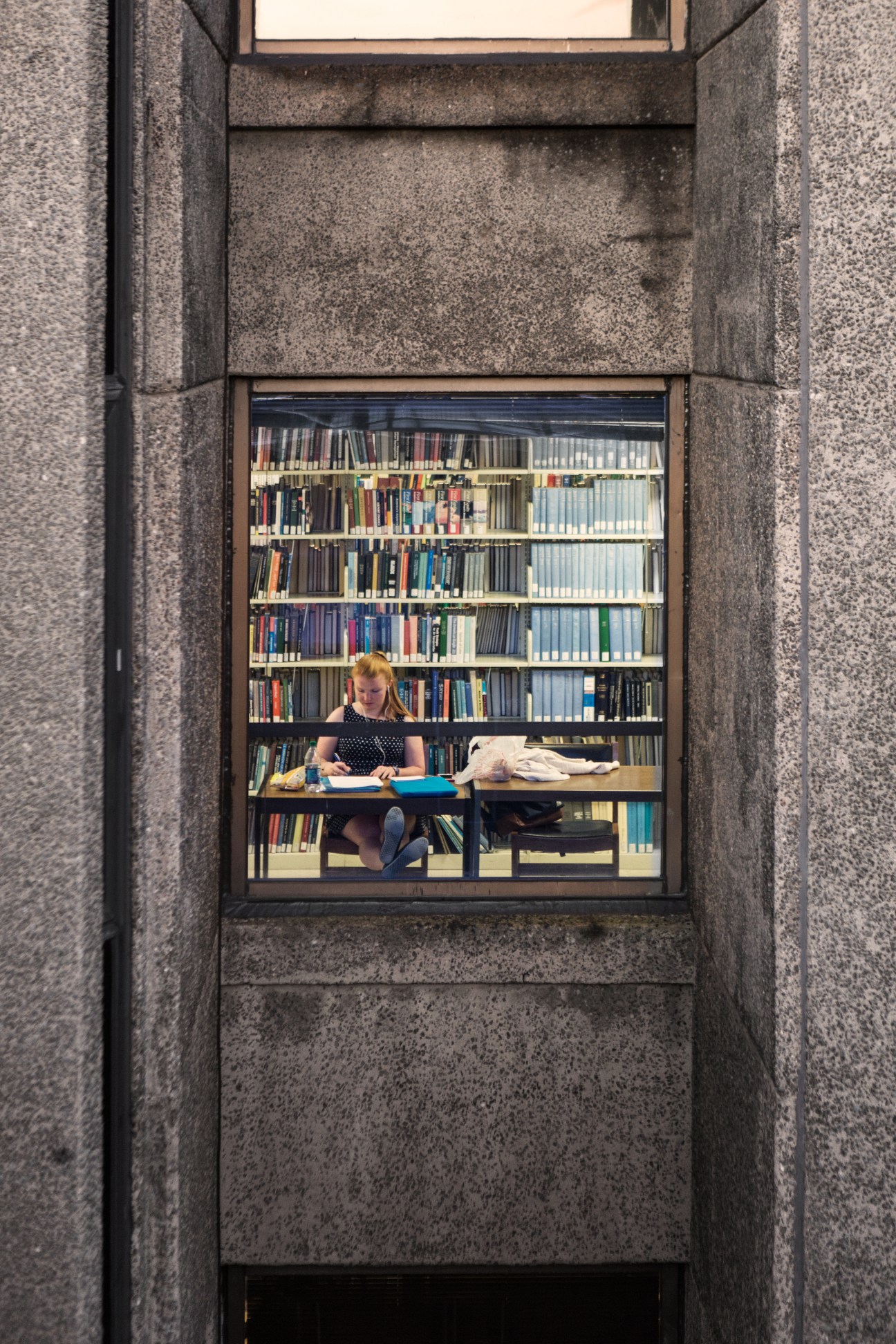 A student studies at a desk in Lauinger Library, viewed through a brutalist concrete window frame with bookshelves visible behind her.
