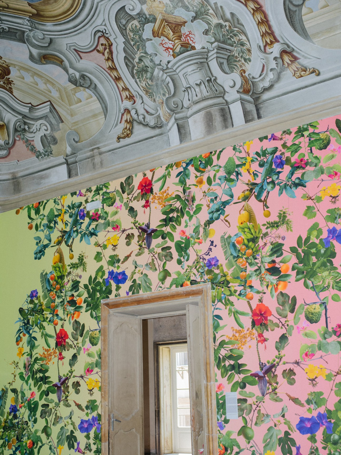Colorful floral installation with painted vines and flowers on pink and yellow walls beneath ornate baroque ceiling.