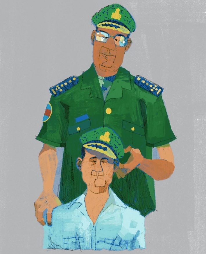 Illustration of Hun Manet in military uniform with his father Hun Sen behind him.