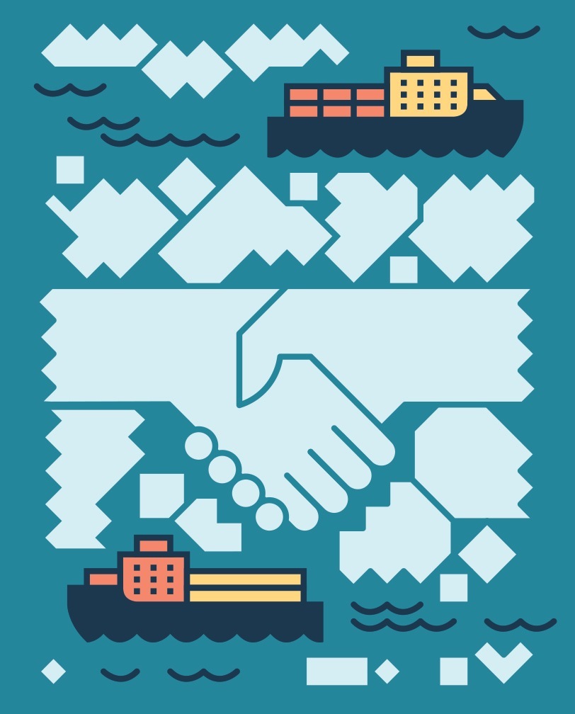 Illustration of cargo ships and icebreakers on water with stylized icebergs and mountains.