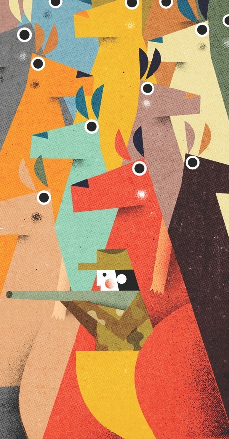 Colorful illustration of stacked kangaroos with geometric shapes in blue, orange, yellow, red and earth tones.