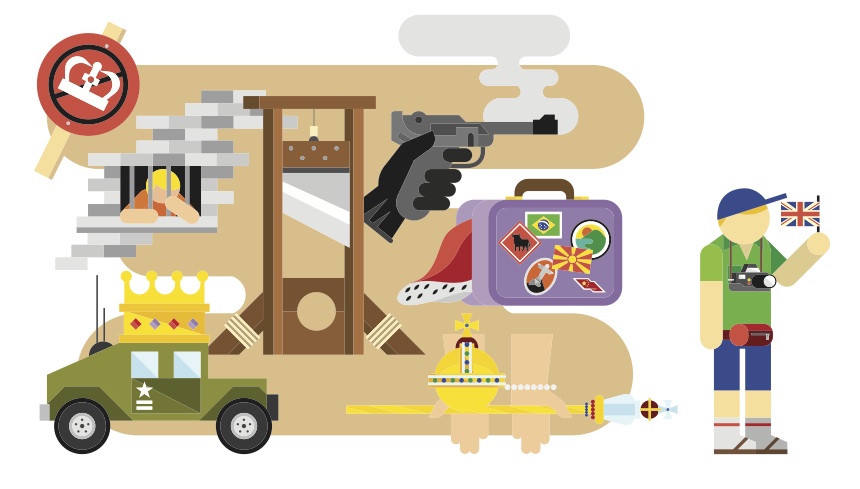 Illustration depicting a humorous scenario of Britain becoming a republic with royal symbols, a gun, military vehicle, and tourist imagery.