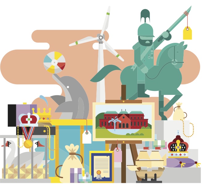 Illustration of British symbols and institutions including monarchy regalia, windmill, soldier on horseback, and classical building representing UK republic concept.