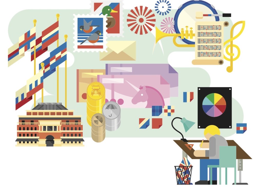 Illustration of British cultural icons and rebranding elements including flags, currency, postal stamps, buildings, and musical symbols.