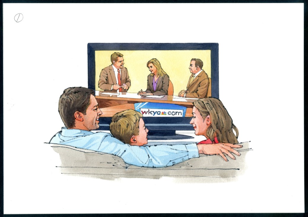 Illustration of a family watching WKYC Cleveland news broadcast on television.