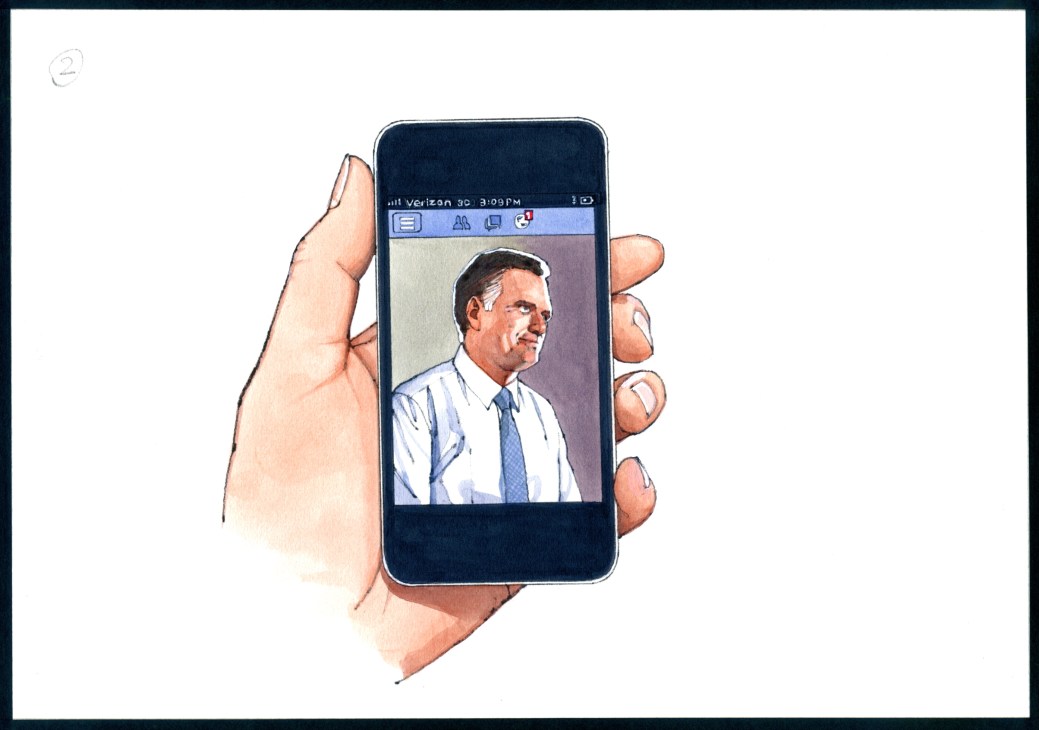 Illustration of a hand holding a smartphone displaying a man in business attire on screen.