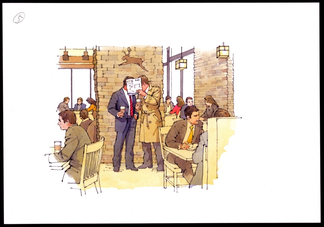 Illustration of business people meeting in a coffee shop with brick walls and hanging lights.