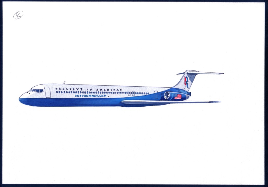 Illustration of a McDonnell Douglas MD-83 aircraft with "Believe in America" and "MittRomney.com" livery in blue and white.