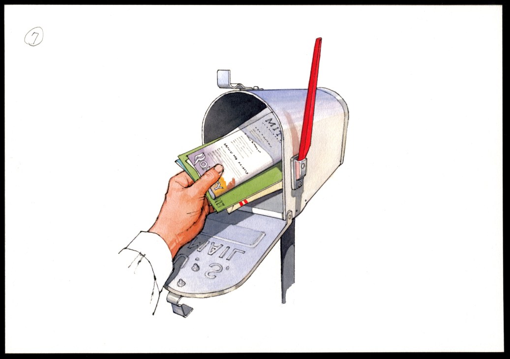Illustration of a hand placing campaign mail into a mailbox with a red flag