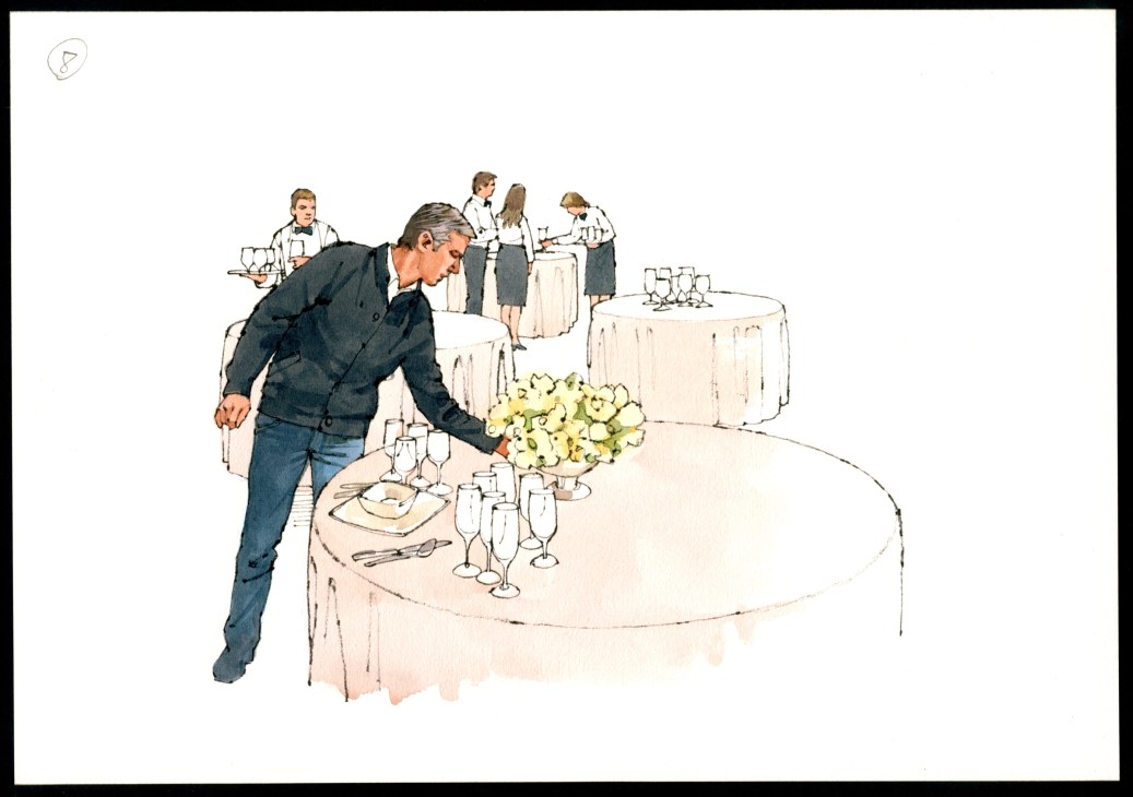 Illustration of a man in a dark suit arranging flowers at a formal event table with staff and guests in background.