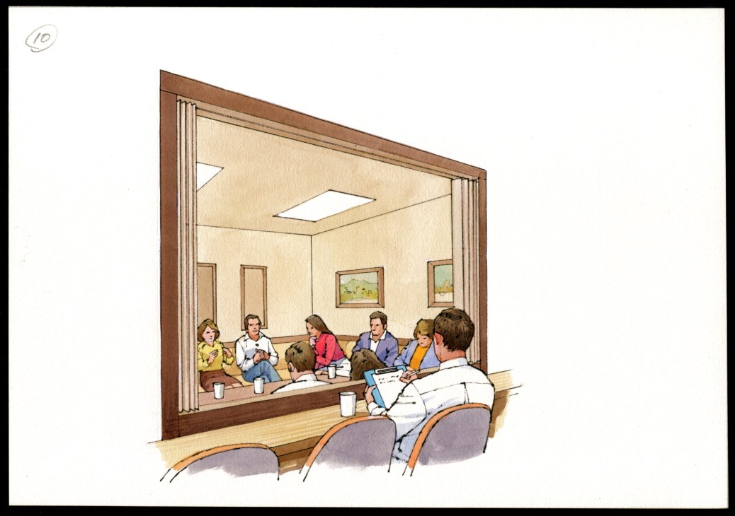 Illustration of a focus group session with participants seated behind glass while a researcher conducts polling