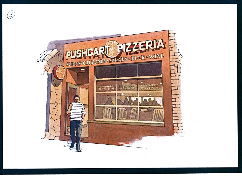 Illustration of Pushcart Pizza storefront with man in striped shirt standing outside.