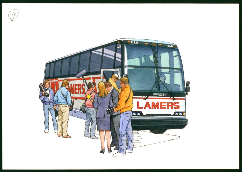 Illustration of press corps boarding a Lamers bus charter numbered G50 during a political campaign tour.