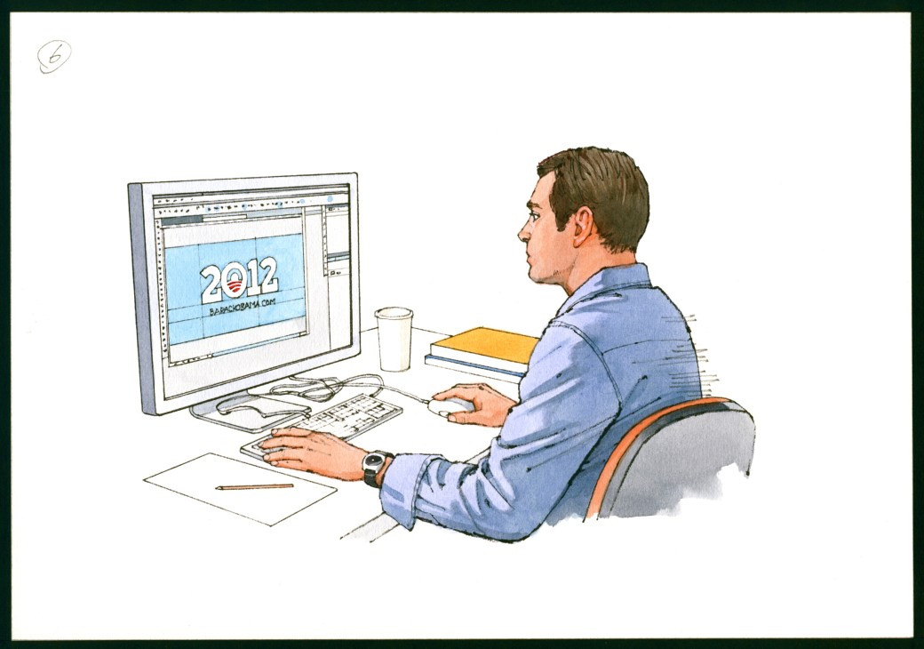 Illustration of a man at a desk viewing a computer screen displaying a 2012 campaign design.