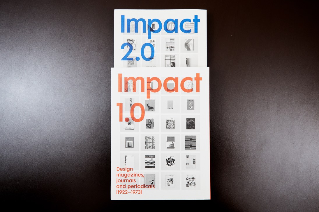 Two stacked design books showing Impact 2.0 and Impact 1.0 with thumbnail grids of magazine covers.