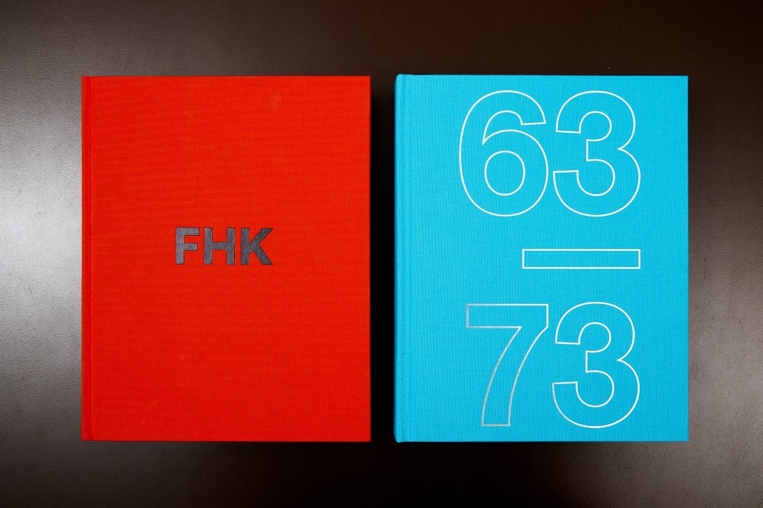 Red and turquoise book covers for FHK Henrion monograph and Total Design agency publication.
