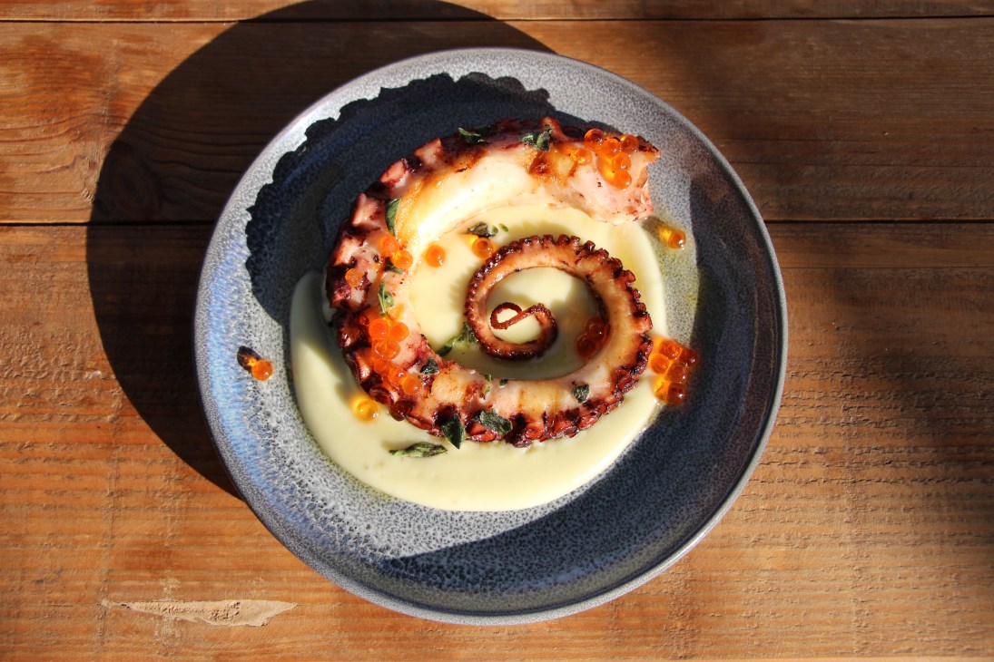 Grilled octopus spiral with creamy sauce and orange roe on textured plate.