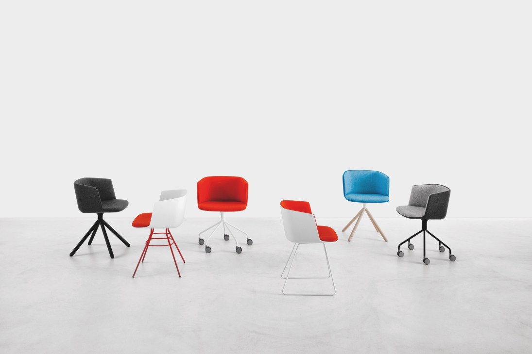 Collection of modern chairs in various styles, colors and materials displayed against a white background.