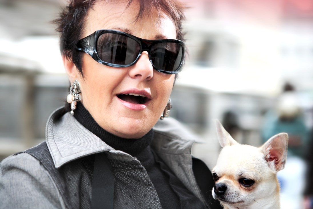 Amadea Hren, film director, wearing sunglasses and holding a small white dog in Ljubljana.