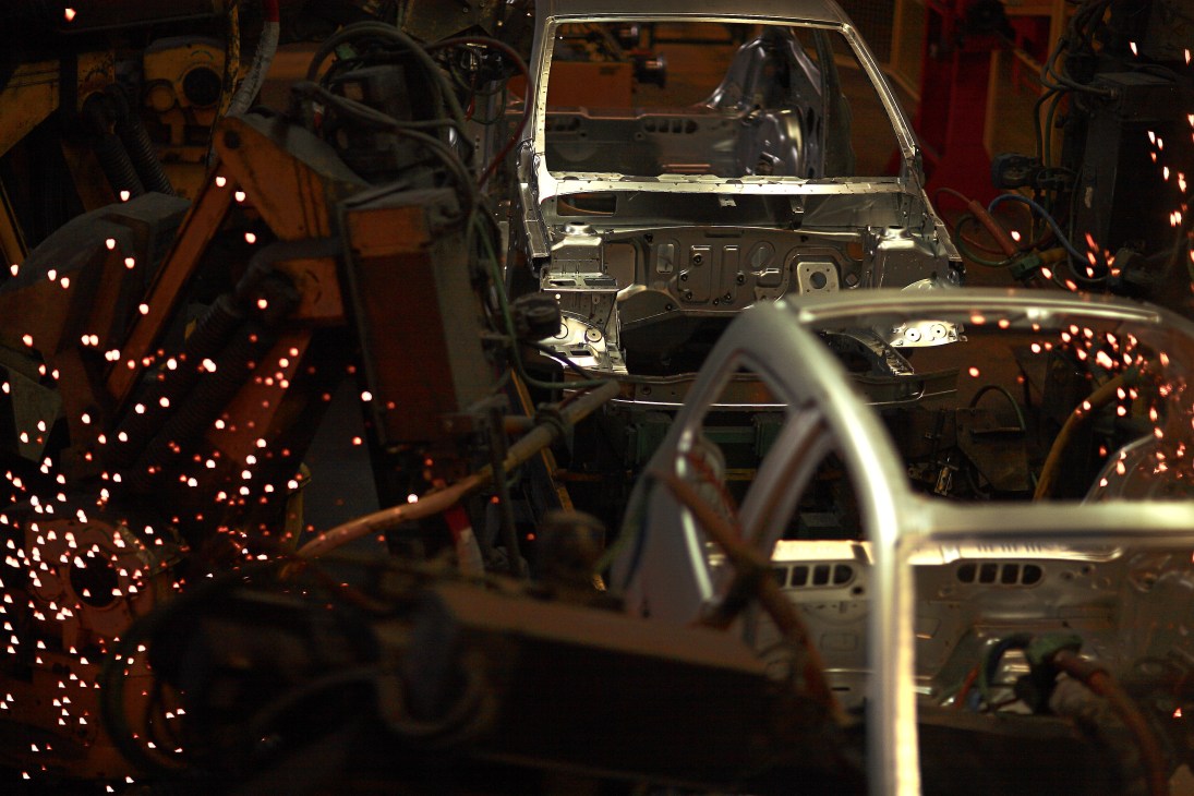 Car bodies being welded on the production line at the Revoz plant in Novo Mesto, Slovenia.