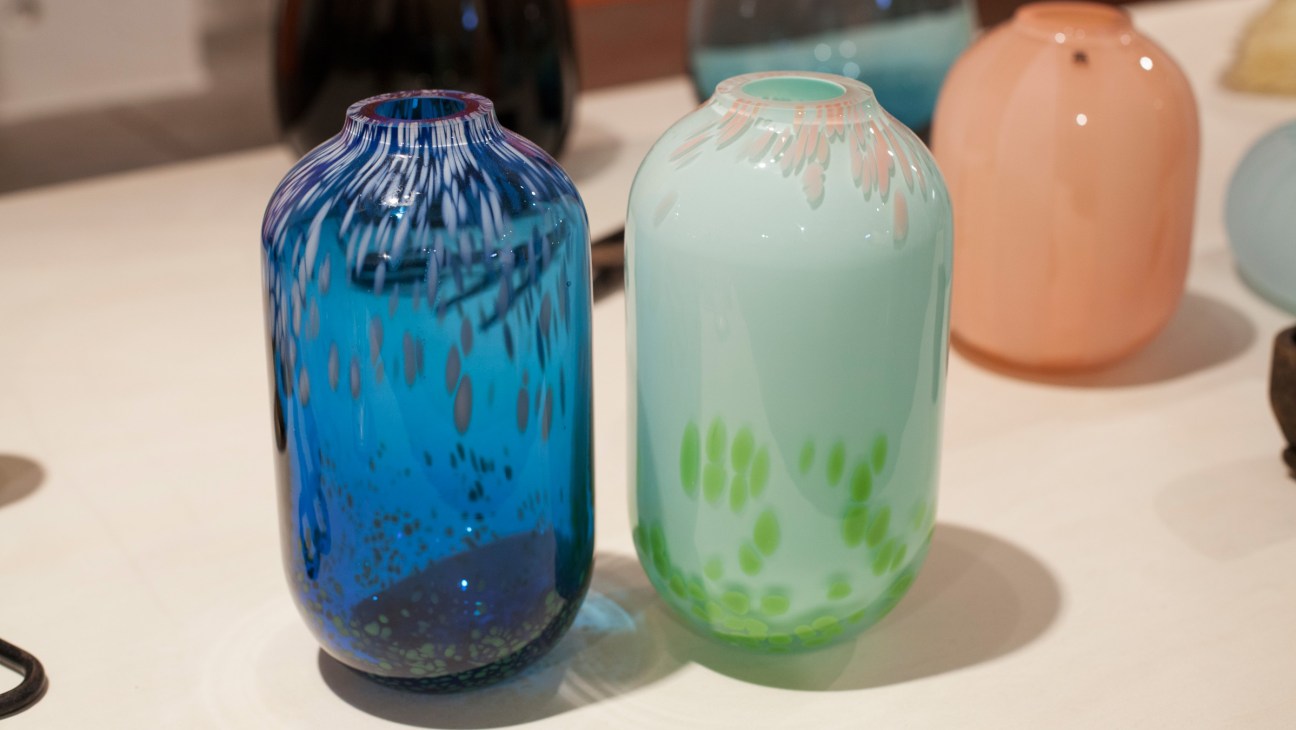 Season vases by Kristine Five Melvaer in blue and green with textured surfaces.