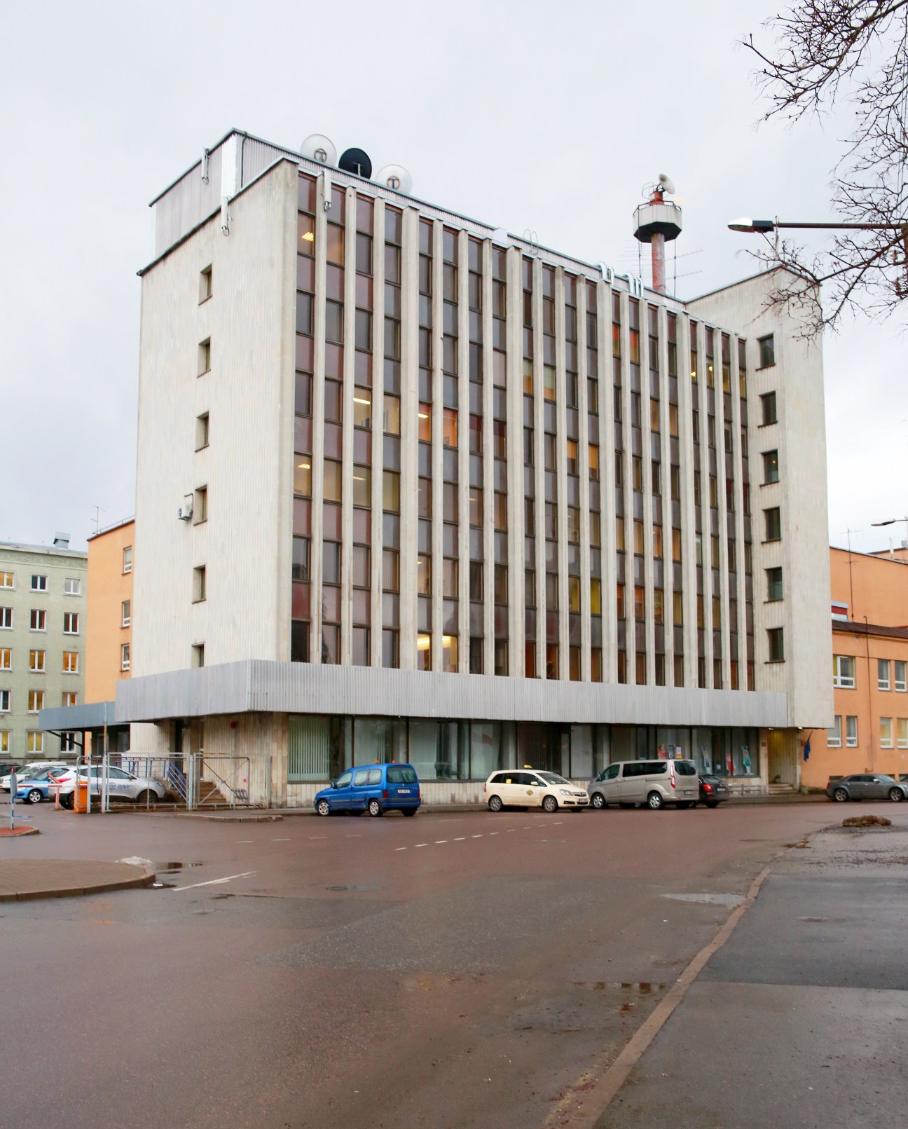 Soviet-era ERR headquarters building in Tallinn with brutalist concrete architecture and grid windows.