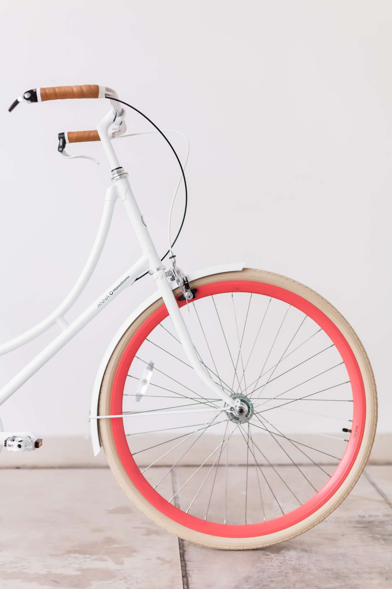 White Monochrome Bike with brown leather handlebars and red-rimmed wheel against white background.