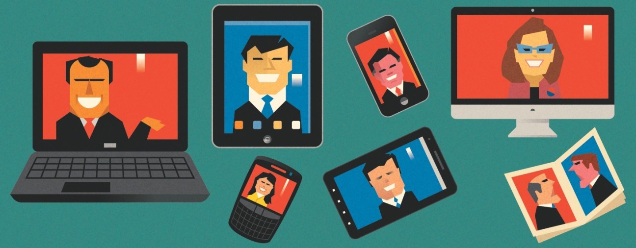 Illustration of political candidates displayed across various digital and traditional media devices.