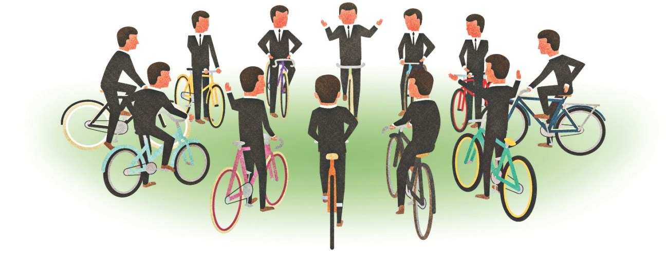Illustration of businesspeople in suits riding colorful bicycles, with stylized orange faces.