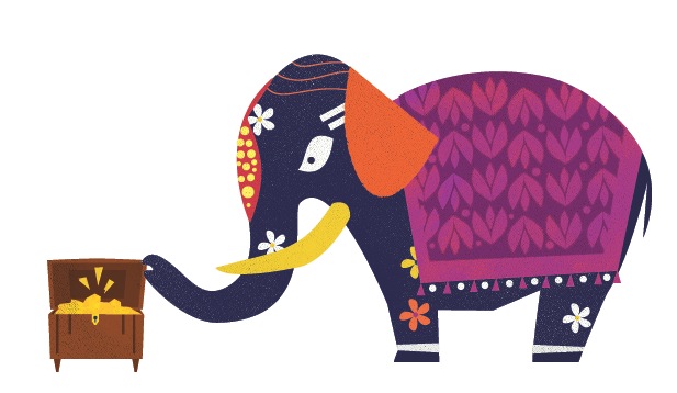 Illustration of a decorative elephant with patterned purple blanket reaching trunk toward an open treasure chest.