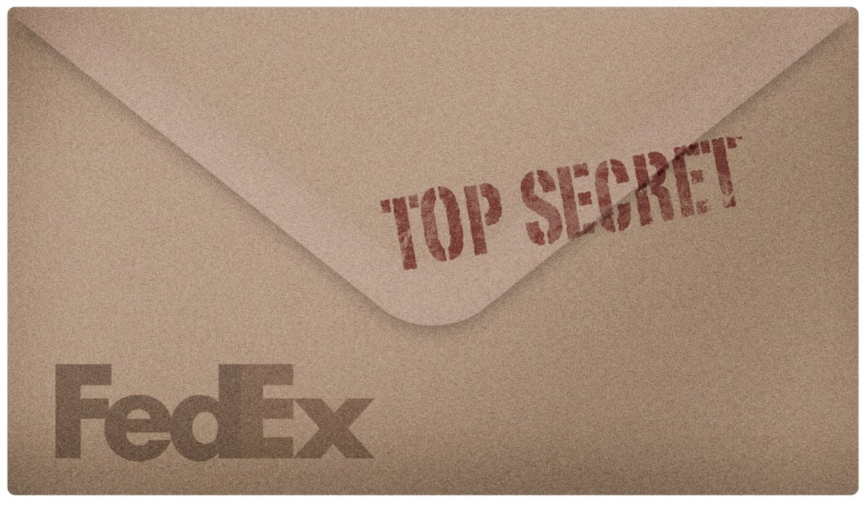 FedEx logo and 'Top Secret' stamp on a kraft envelope.