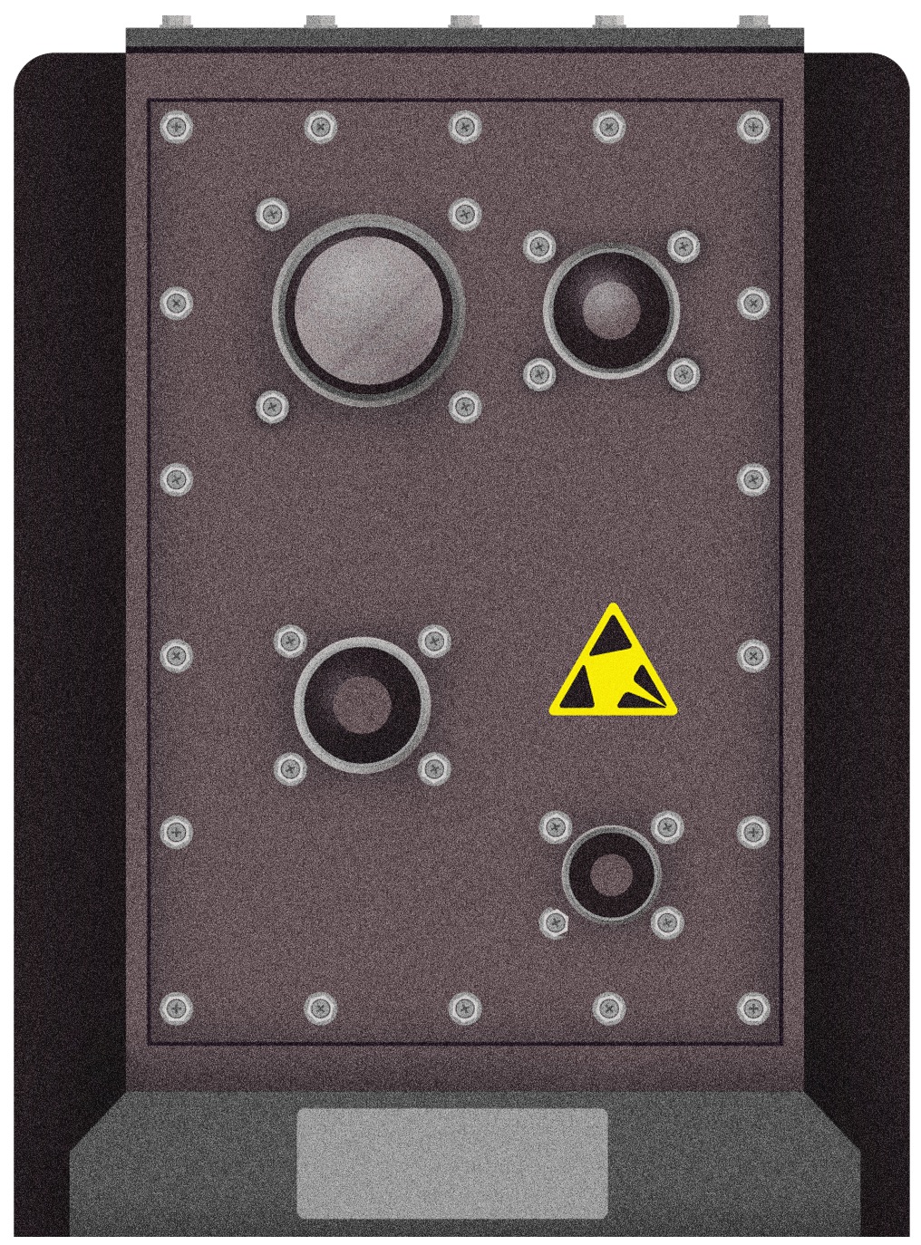 Illustration of a metallic control panel with four circular buttons and a yellow hazard warning symbol.