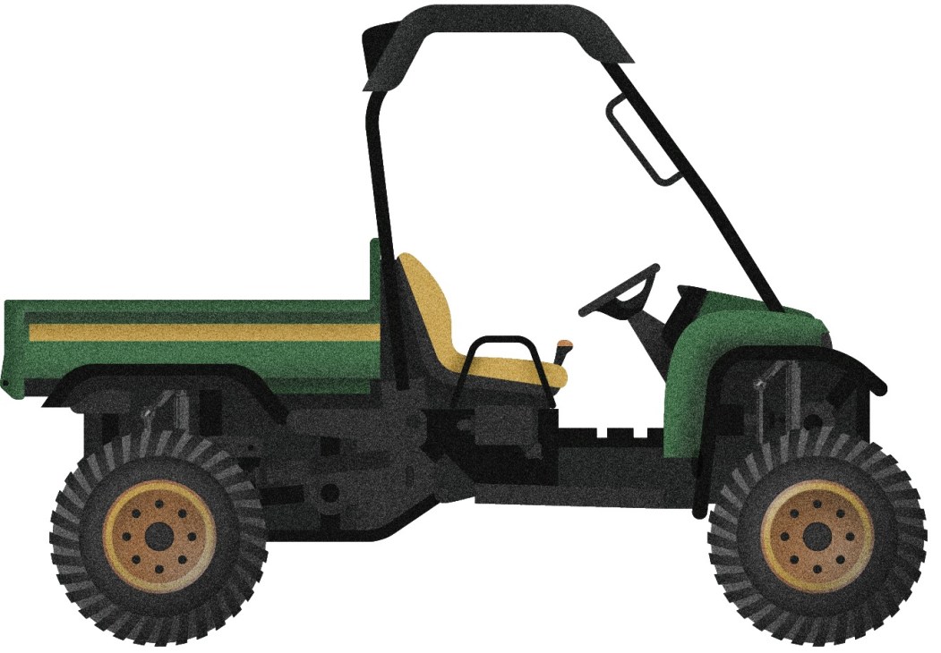 Illustration of a green and yellow John Deere M-Gator military utility vehicle with black treads and cab.