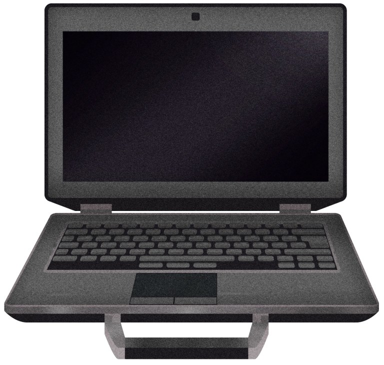 Illustration of a Dell rugged laptop computer with carrying handle