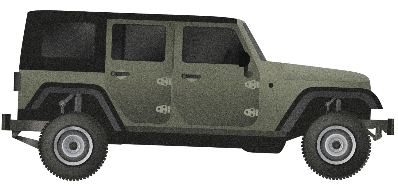 Illustration of a military-style Jeep in olive green with black windows and tires.