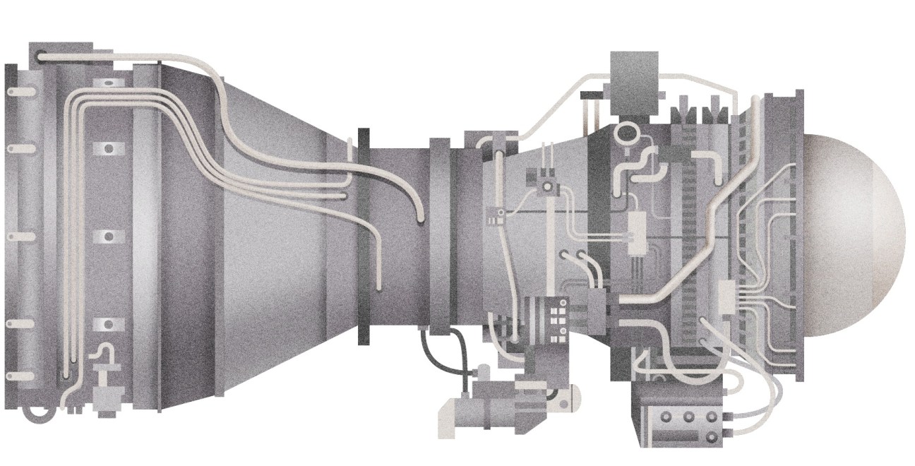 Technical illustration of a Rolls-Royce jet engine showing internal mechanical components and cross-section design.