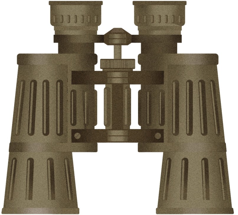 Illustration of military binoculars in olive-green tones with detailed focus mechanisms and eyepieces.